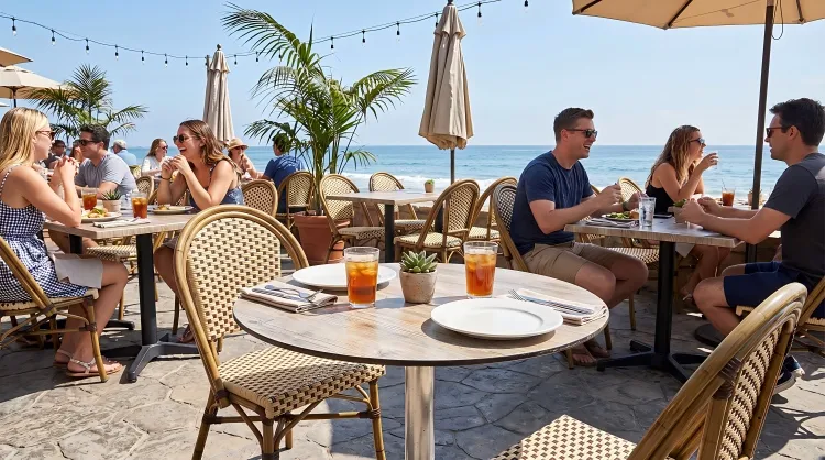 HD-J147 Lightweight Aluminum Table Base Paired With A Weatherproof Hpl Tabletop Seaside Café --