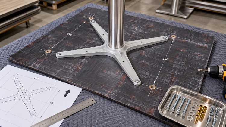 Pre-Drilled Tabletop Underside And Commercial Table Base Mounting Plate Alignment
